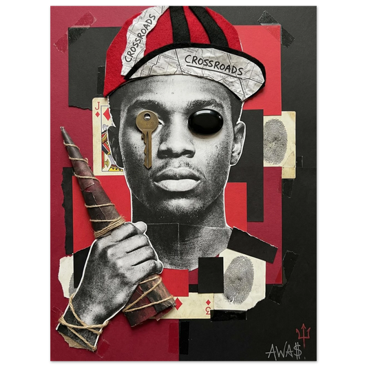 Elegguá at the Crossroads Orisha wall art print, red and black paper assemblage — AWA$ Signature Series