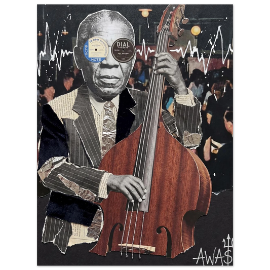 Basement Sessions jazz wall art, Black bass player portrait — AWA$ Signature Series
