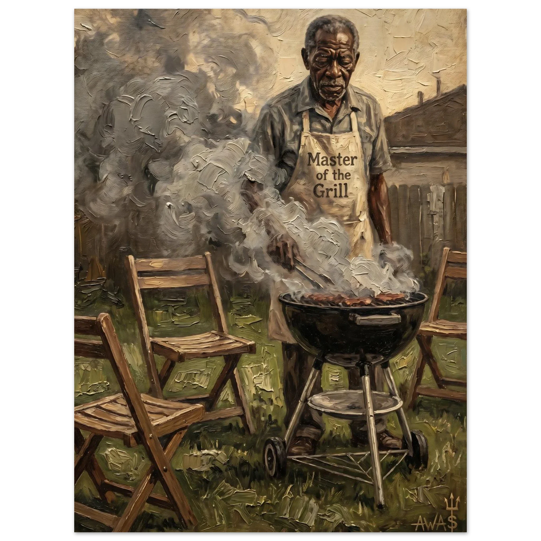 Tendernism, Backyard Legend, an African American wall art print of a backyard BBQ scene