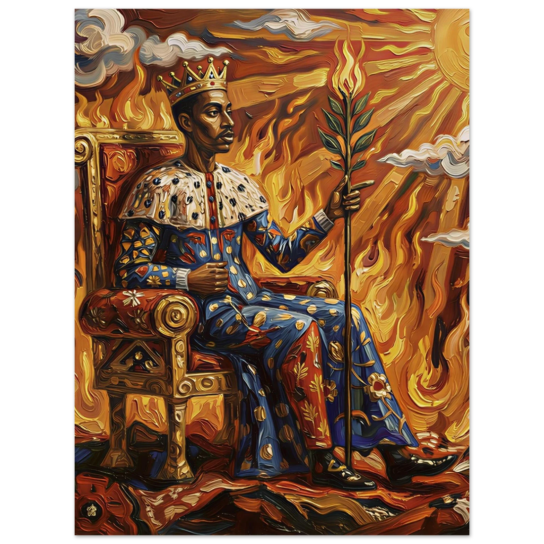 The Fire King, a solar throne portrait in thick oil impasto