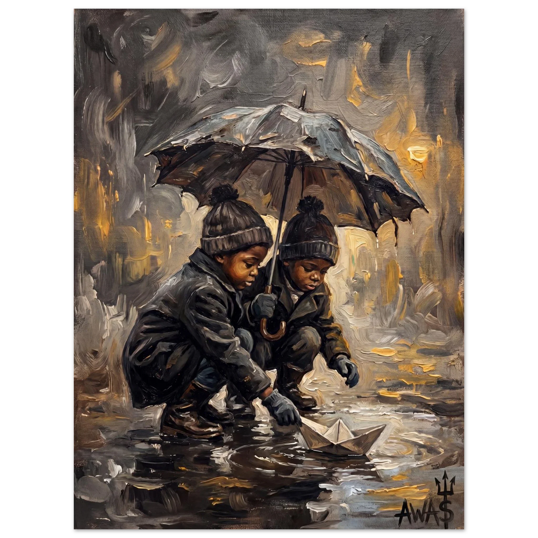 Rainy Street Boat, an afro-surrealist print of a figure sailing a flooded city street