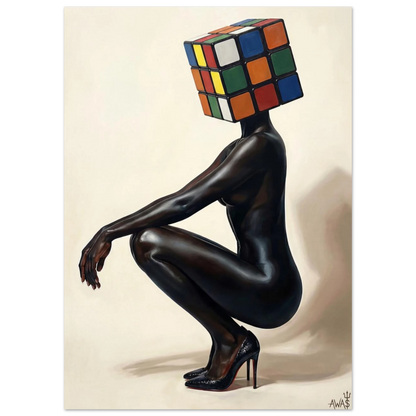 The Crouched Puzzle wall art print, surreal Black figure — AWA$ Signature Series