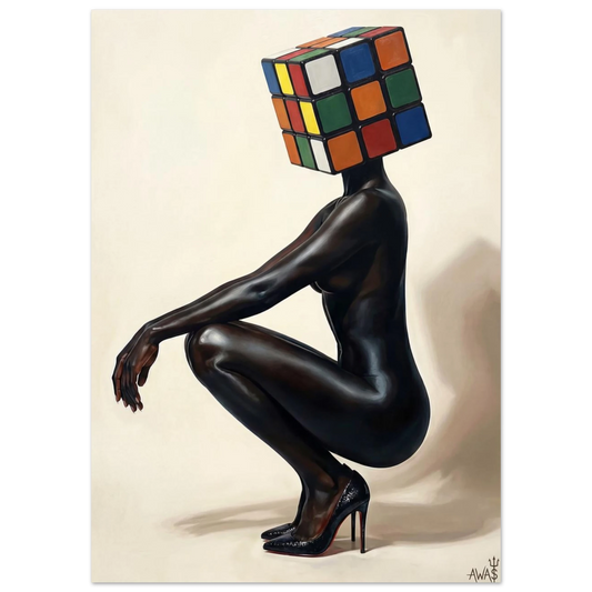 The Crouched Puzzle wall art print, surreal Black figure — AWA$ Signature Series