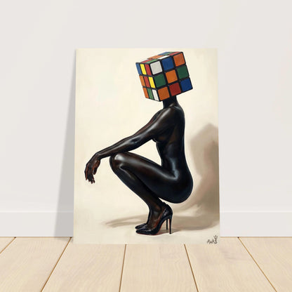 The Crouched Puzzle fine art print, fragmented figure surrealism — Digital Rouge X
