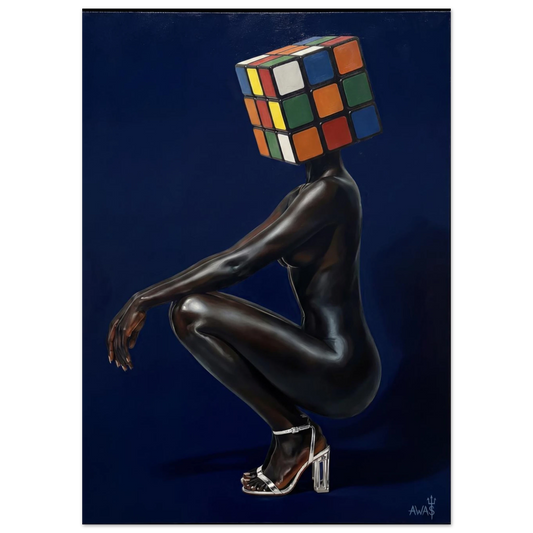 The Crouched Puzzle Navy wall art print, navy surrealist figure — AWA$ Signature Series