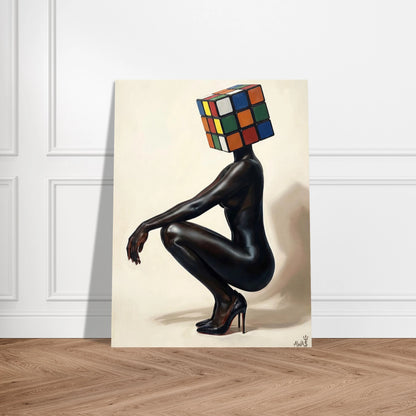 The Crouched Puzzle — surrealist Black portrait, made to order art print